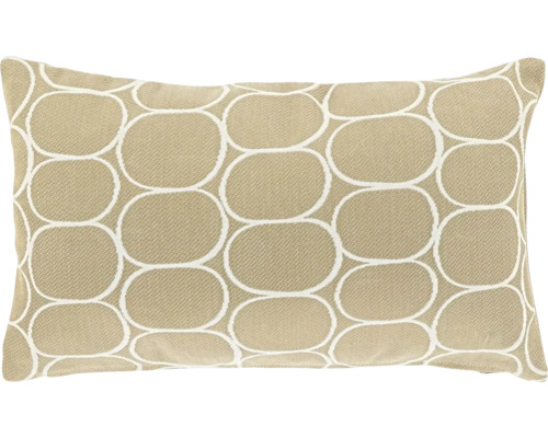 Rechteckiges beiges Zierkissen mit weißem geometrischem Oval-Muster.