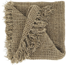 Plaid de couleur taupe avec motif nid d'abeille et franges.