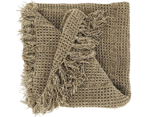 Plaid de couleur taupe avec motif nid d'abeille et franges.