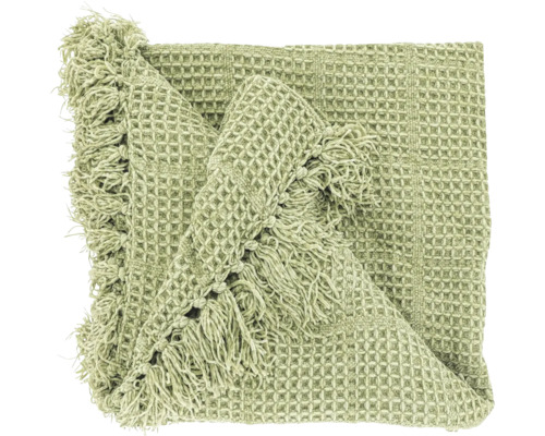 Plaid vert avec structure en nid d abeille et franges.
