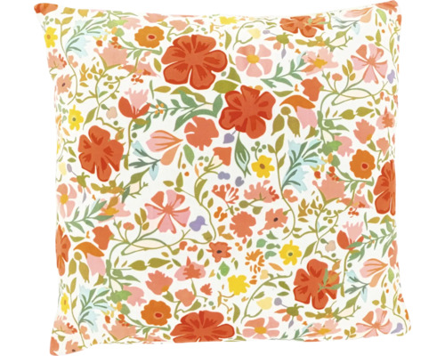 Quadratisches Dekokissen mit buntem Blumenmuster aus verschiedenen Blüten und Blättern.