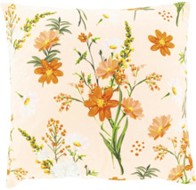 Dekokissen mit Blumenmuster aus orangefarbenen und weißen Blüten sowie grünen Blättern.