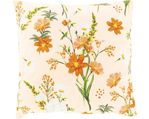 Dekokissen mit Blumenmuster aus orangefarbenen und weißen Blüten sowie grünen Blättern.