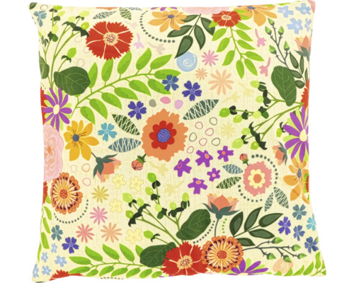 Quadratisches Zierkissen mit buntem Blumenmuster und grünen Blättern.