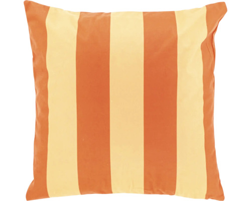 Quadratisches Dekokissen mit breiten vertikalen Streifen in Orange und Creme.