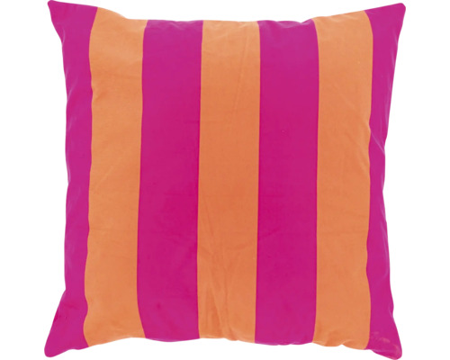Quadratisches Dekokissen mit breiten vertikalen Streifen in Pink und Orange.