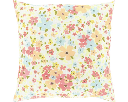Quadratisches Zierkissen mit bunten Blumen bedruckt.