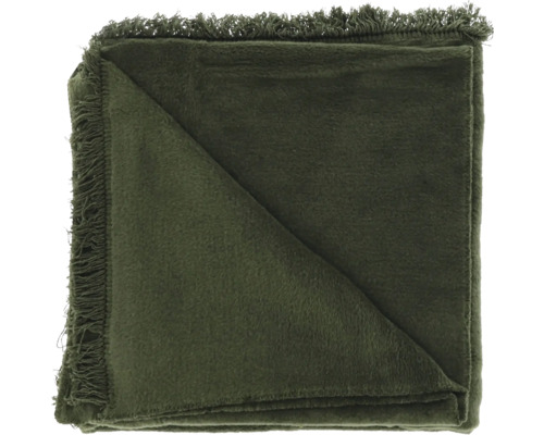 Plaid vert avec franges, plié.