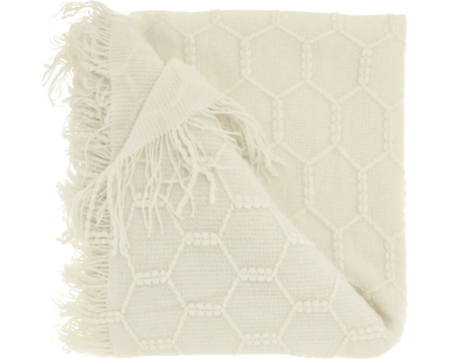 Plaid tissé avec motif hexagonal en nid d'abeille et franges.