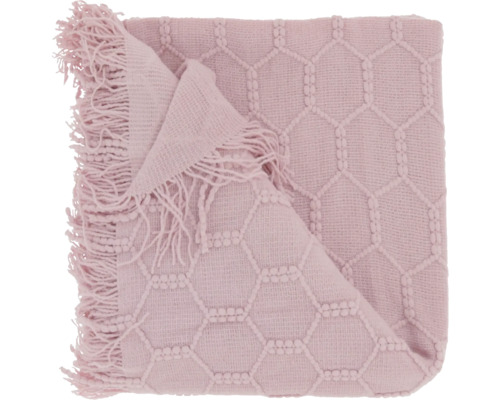 Plaid rose avec motif en nid d'abeille décoratif et franges.