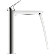 Einhebel-Waschtischmischer mit hohem Auslauf und fließendem Wasserstrahl aus verchromtem Metall.