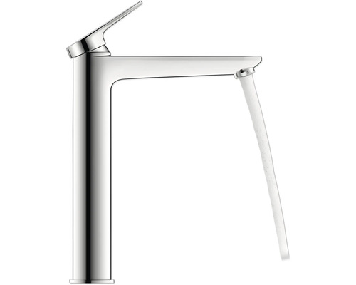 Einhebel-Waschtischmischer mit hohem Auslauf und fließendem Wasserstrahl aus verchromtem Metall.