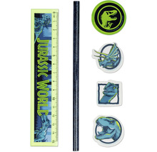 Set de papeterie Jurassic World avec règle de 15 centimètres, crayon, gomme et trois autocollants aux motifs de dinosaures.