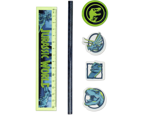 Set de papeterie Jurassic World avec règle de 15 centimètres, crayon, gomme et trois autocollants aux motifs de dinosaures.