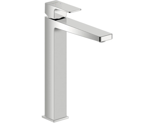 Hohe Duravit Waschtischarmatur in eckigem Design aus verchromtem Metall mit Einhebelmischer für Aufsatzwaschbecken.