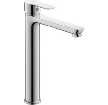 Hohe Waschtischarmatur aus verchromtem Metall mit Einhebelmischer und flachem Auslauf.