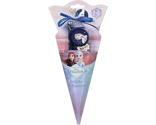 Cornet d'école garni Disney Frozen pour la rentrée scolaire, 6 pièces avec fournitures d'écriture comme crayon, taille-crayon et gomme.