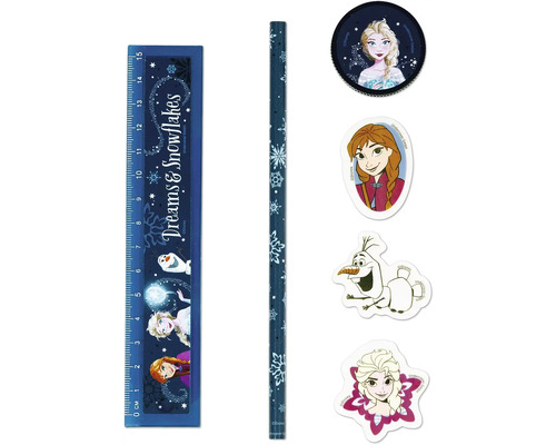 Kit de papeterie Disney La Reine des Neiges avec règle, crayon, gomme et taille-crayon.