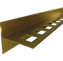 Profilé de finition pour carrelage en aluminium de couleur or avec perforations carrées.