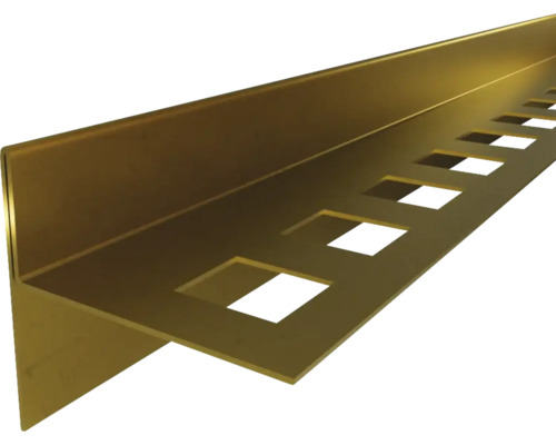 Profilé de finition pour carrelage en aluminium de couleur or avec perforations carrées.