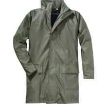 Veste de pluie vert olive avec fermeture à glissière, col montant et deux poches avant.