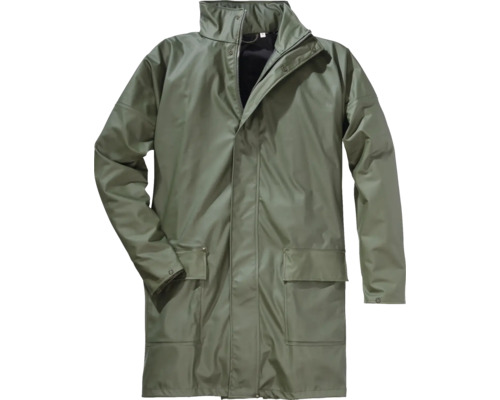 Veste de pluie vert olive avec fermeture à glissière, col montant et deux poches avant.