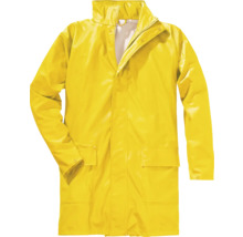Manteau de pluie jaune avec fermeture à glissière, boutons-pression et deux poches avant à rabat.