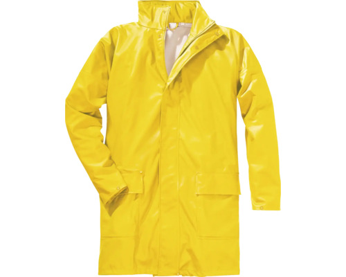 Manteau de pluie jaune avec fermeture à glissière, boutons-pression et deux poches avant à rabat.