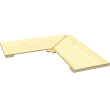 Eckelement für Holzregale aus hellem Nadelholz zur Erweiterung von Regalsystemen.