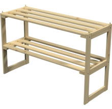 Étagère à chaussures en bois avec deux niveaux et fonds à lattes.