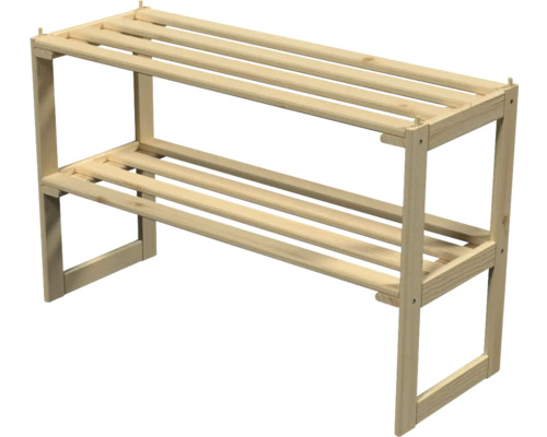 Schuhregal aus Holz mit zwei Ebenen und Lattenböden.