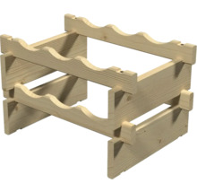 Casier à bouteilles en bois pour six bouteilles, à deux niveaux et empilable.