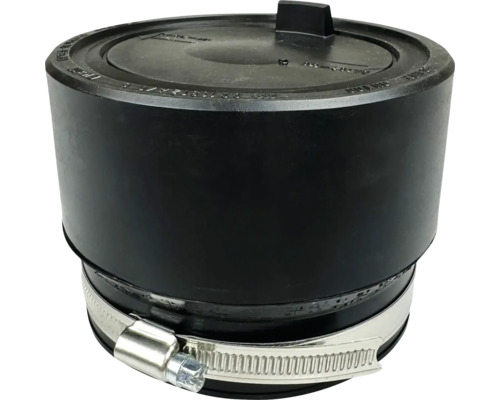 Bouchon de fermeture flexible en caoutchouc noir avec un collier de serrage en acier inoxydable pour tuyaux d'évacuation.