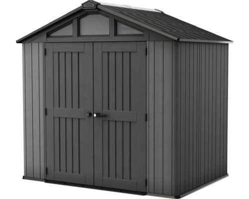 Abri de jardin en plastique avec toit à deux pans, double porte et fenêtres de pignon, gris.
