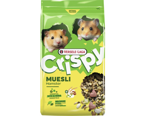 Versele-Laga Crispy Muesli Hamsterfutter mit Vitaminen und Mineralstoffen, ohne künstliche Farbstoffe, Packung mit zwei Hamstern und Futtermischung.