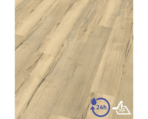 Sol stratifié avec structure en bois de chêne, résistance à l'eau de 24 heures et antidérapant.