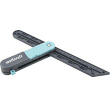 Fausse équerre wolfcraft en plastique gris et turquoise avec graduation intégrée pour mesurer et reporter des angles.
