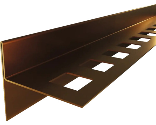 Profilé pour carrelage en aluminium couleur bronze avec base perforée carrée pour la finition des bords.