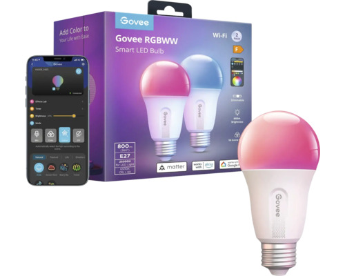 Govee RGBWW Smart LED Bulb E27 Doppelpack mit Smartphone Steuerung und Matter Unterstützung.