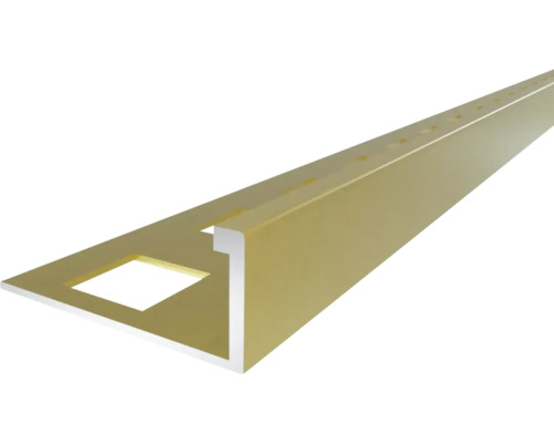 Profilé pour carrelage en L en aluminium d'aspect doré avec perforations carrées.