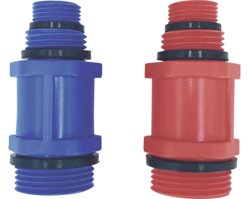 Deux raccords de collecteur en plastique, bleu et rouge, avec filetage extérieur et joints en caoutchouc.