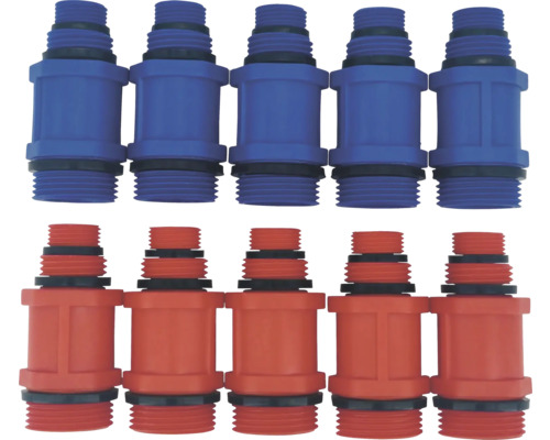 Bouchon de montage veporit en plastique ½" filetage extérieur 10 pièces Jeu de 10 raccords de tuyau en plastique, cinq bleus et cinq rouges, avec filetage et joints d'étanchéité noirs.