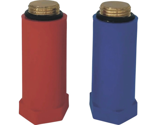 Bouchon de montage veporit en laiton ½" filetage extérieur 2 pièces Set de deux bouchons de chantier en plastique, rouge et bleu, avec filetage en laiton et joint d étanchéité pour raccords d eau.