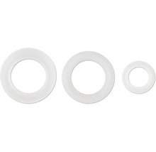 Trois joints d'étanchéité blancs en plastique de différentes tailles.