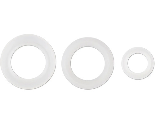 Trois joints d'étanchéité blancs en plastique de différentes tailles.