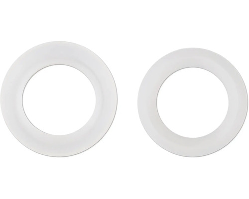 Deux rosaces blanches en plastique pour tuyaux.