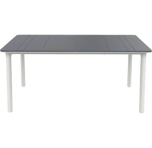 Rechteckiger Gartentisch mit grauer Tischplatte in Lattenoptik und weißen Tischbeinen.