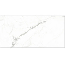 Carreau de sol en grès cérame aspect marbre blanc avec veinage gris.