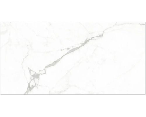 Carreau de sol en grès cérame aspect marbre blanc avec veinage gris.