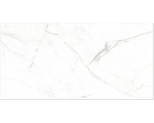 Carrelage en grès cérame blanc aspect marbre avec veines grises.